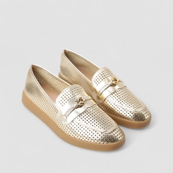 Mocassim Feminino Gabriela Em Couro Metalizado Ouro