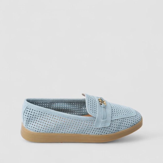 Mocassim Feminino Gabriela Em Couro Perfuros Azul