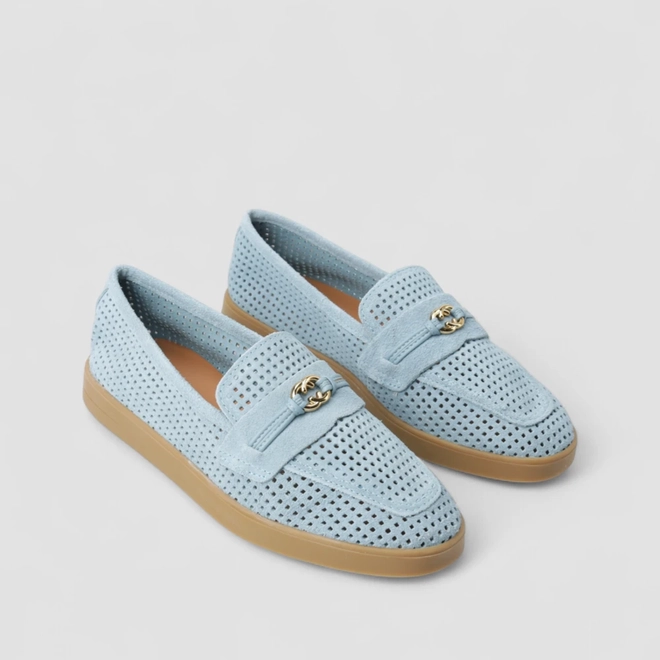 Mocassim Feminino Gabriela Em Couro Perfuros Azul