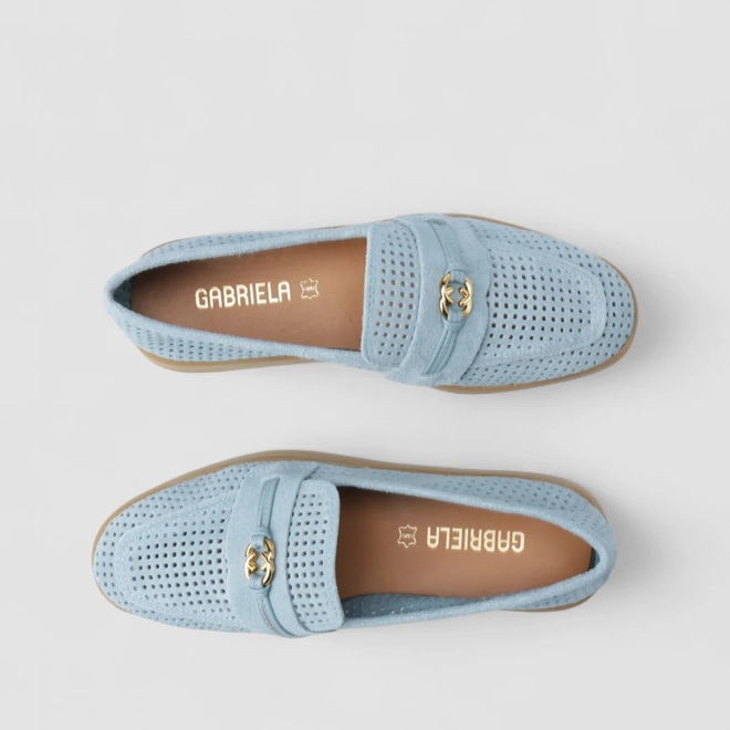 Mocassim Feminino Gabriela Em Couro Perfuros Azul
