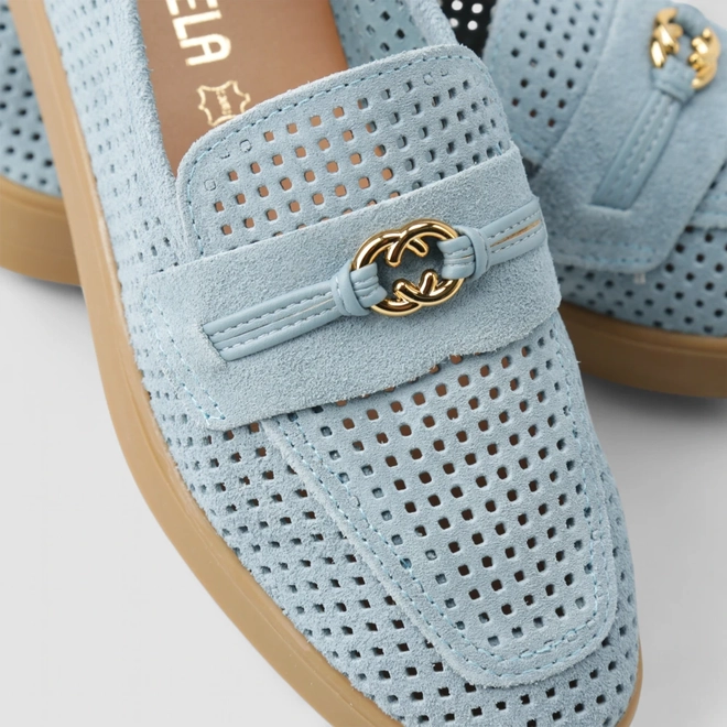 Mocassim Feminino Gabriela Em Couro Perfuros Azul
