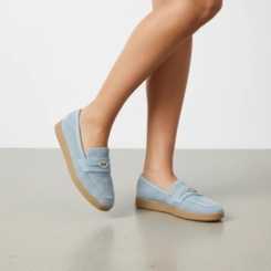 Mocassim Feminino Gabriela Em Couro Perfuros Azul