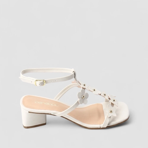 Sandália Feminina Penélope Salto Geométrico Flores Off White