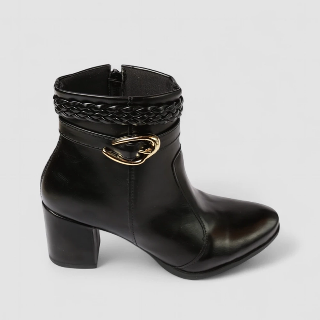 Ankle Boot Feminina Penélope Salto Bloco Fivela Tressê Preto
