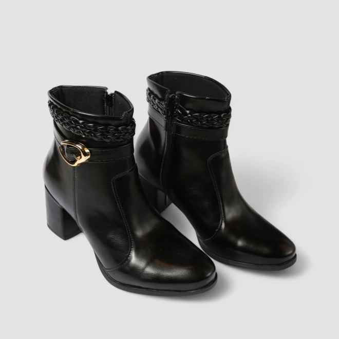 Ankle Boot Feminina Penélope Salto Bloco Fivela Tressê Preto