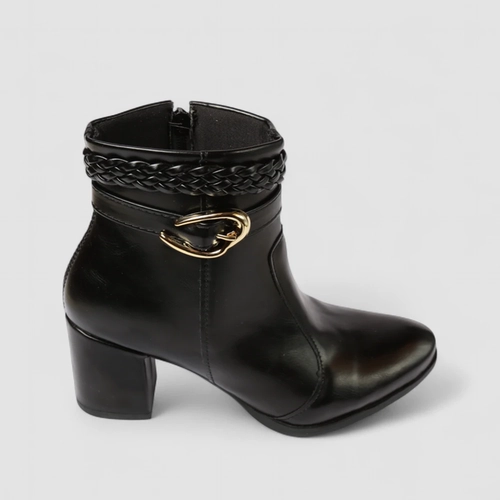 Ankle Boot Feminina Penélope Salto Bloco Fivela Tressê Preto