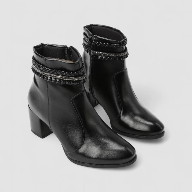 Ankle Boot Feminina Penélope Salto Bloco Tira Tressê & Strass Preta