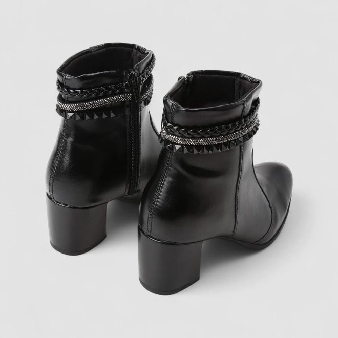 Ankle Boot Feminina Penélope Salto Bloco Tira Tressê & Strass Preta
