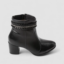 Ankle Boot Feminina Penélope Salto Bloco Tira Tressê & Strass Preta