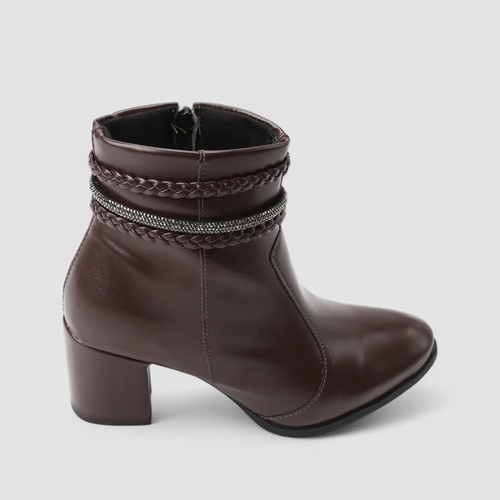 Ankle Boot Feminina Penélope Salto Bloco Tira Strass & Tressê Marrom