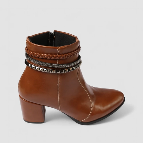 Ankle Boot Feminina Penélope Salto Bloco Tira Tressê & Strass Marrom
