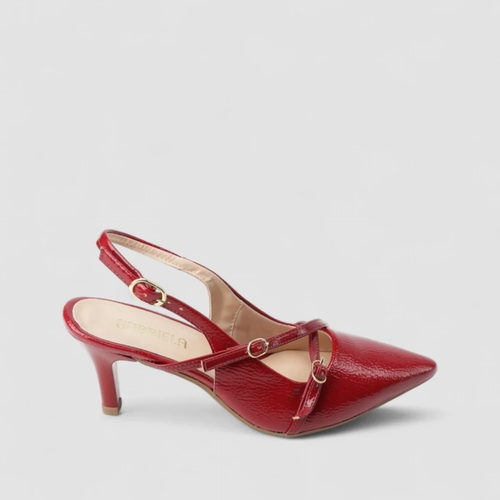 Slingback Feminino Gabriela Salto Fino Verniz Fivelas Vermelho