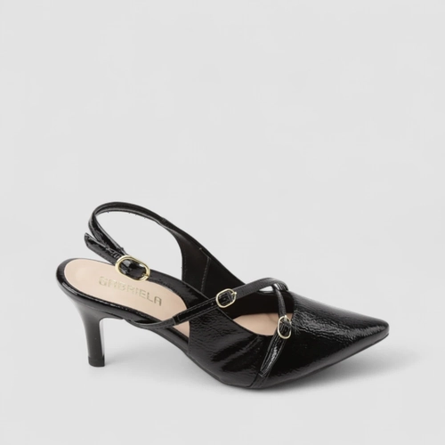 Slingback Feminino Gabriela Salto Fino Verniz Fivelas Preto