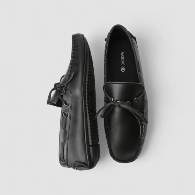 Mocassim Masculino Woche Couro Com Cadarço Preto