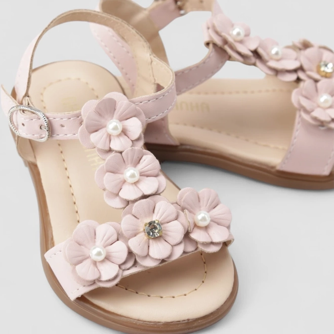 Sandália Bebê Gabrielinha Floral Pérolas Rosa
